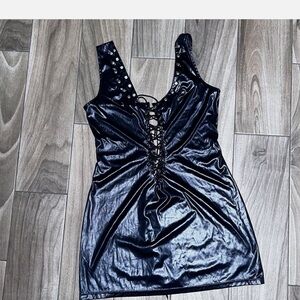 Faux leather Black Lace-Up Sleeveless Dress.